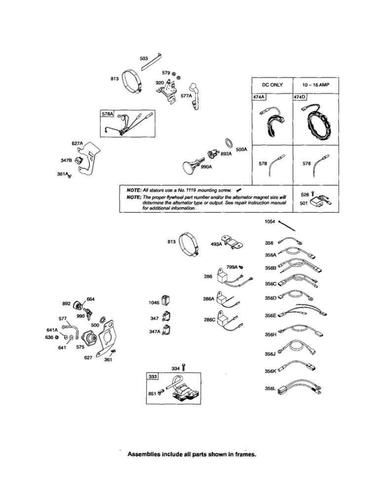 Alternator/Wires Diagram and Parts List for 210400 0035-0570 Briggs and Stratton Engine